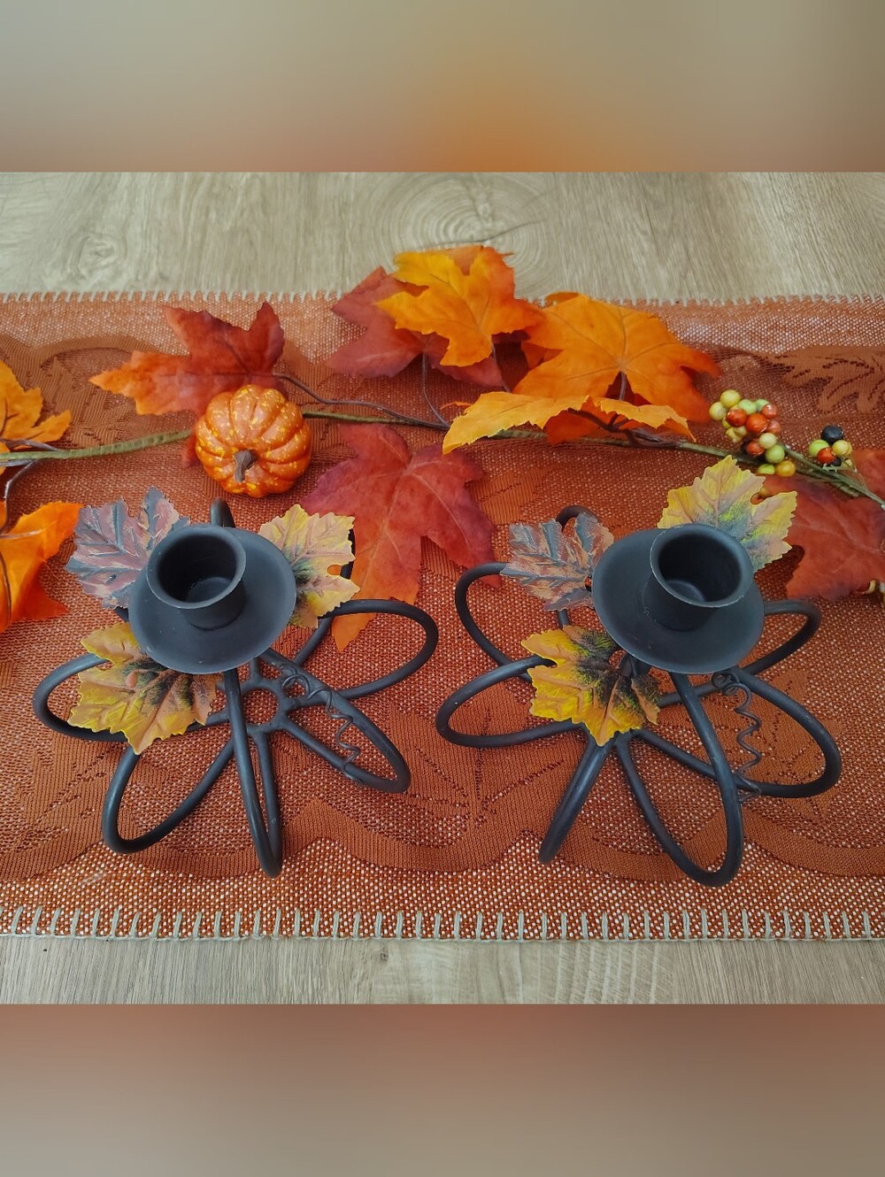 Pumpkin Metal Candle Holders with Autumn Leaf Accents- Set of 2
